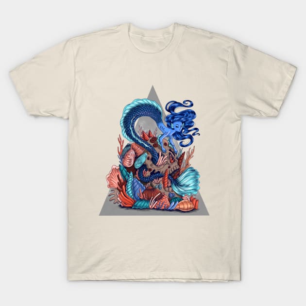 Blue Mermaid Skull Home T-Shirt by Marta Tesoro